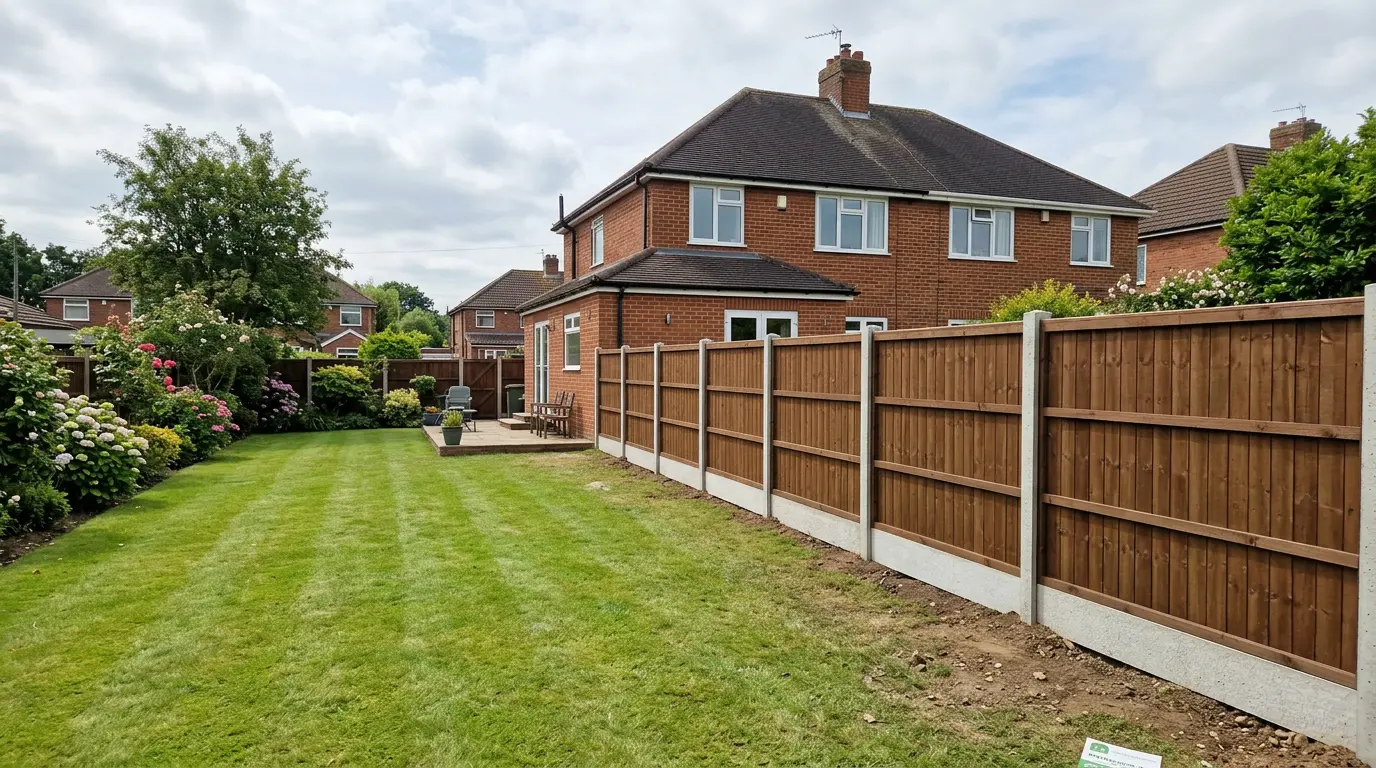 A new closeboard fence on concrete posts along a freshly mown back garden